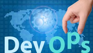 DevOps (Development & Operations) concept sign with hand.